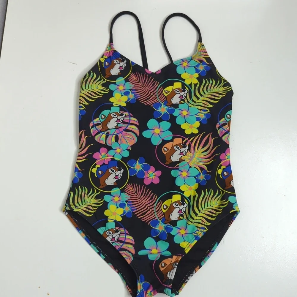 Kids Girls Buc-ee's Swimsuit Size S Black Floral Tropical Hawaiian One‎ Piece